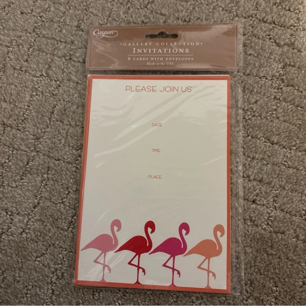 Caspari Gallery Collection Invitations 8 Cards With Envelopes Flamingo Strut